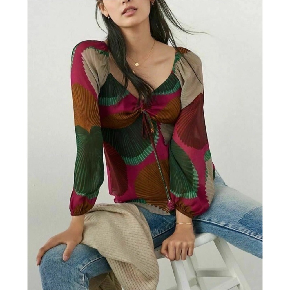 Farm Rio Katalina Long Sleeve Blouse Abstract Print Anthropologie XS $158 Boho